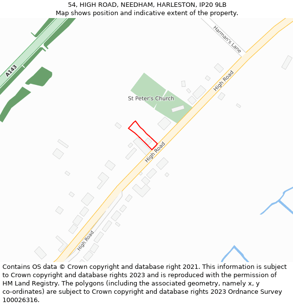 54, HIGH ROAD, NEEDHAM, HARLESTON, IP20 9LB: Location map and indicative extent of plot