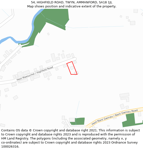 54, HIGHFIELD ROAD, TWYN, AMMANFORD, SA18 1JL: Location map and indicative extent of plot