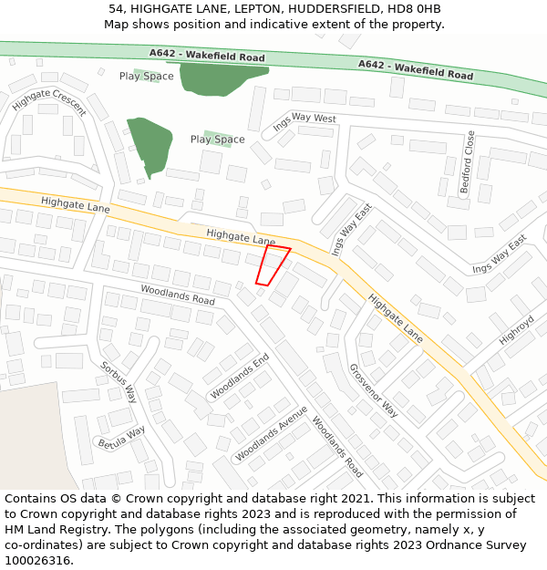 54, HIGHGATE LANE, LEPTON, HUDDERSFIELD, HD8 0HB: Location map and indicative extent of plot