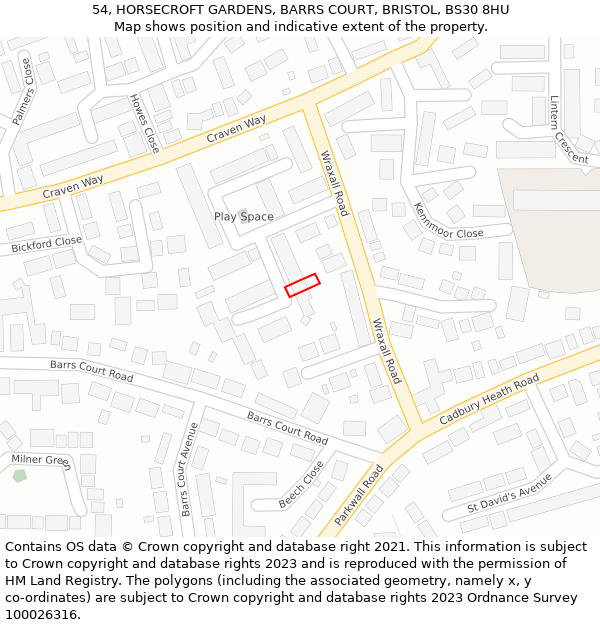 54, HORSECROFT GARDENS, BARRS COURT, BRISTOL, BS30 8HU: Location map and indicative extent of plot