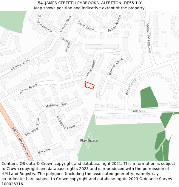 54, JAMES STREET, LEABROOKS, ALFRETON, DE55 1LY: Location map and indicative extent of plot