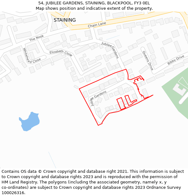 54, JUBILEE GARDENS, STAINING, BLACKPOOL, FY3 0EL: Location map and indicative extent of plot