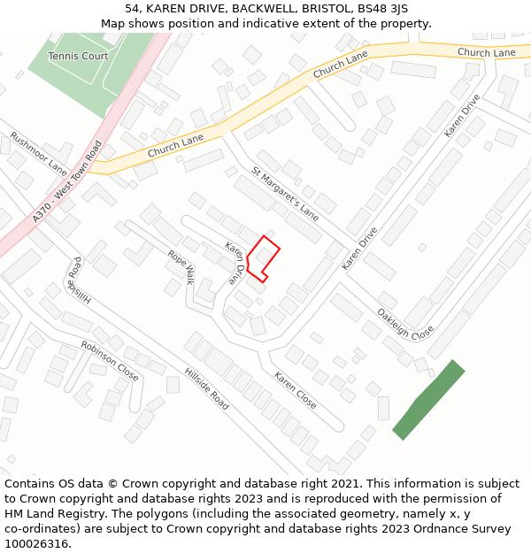 54, KAREN DRIVE, BACKWELL, BRISTOL, BS48 3JS: Location map and indicative extent of plot