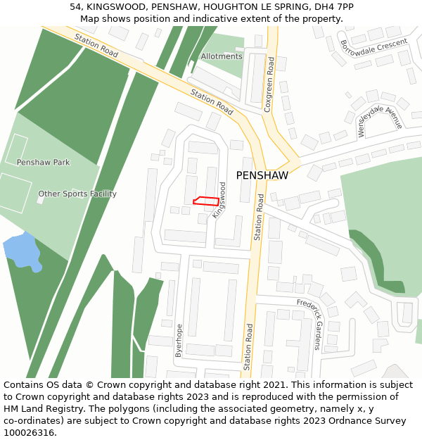 54, KINGSWOOD, PENSHAW, HOUGHTON LE SPRING, DH4 7PP: Location map and indicative extent of plot