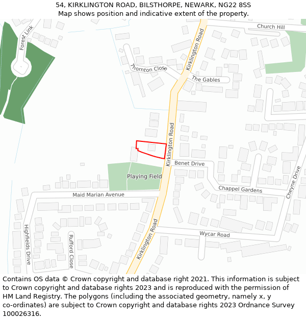 54, KIRKLINGTON ROAD, BILSTHORPE, NEWARK, NG22 8SS: Location map and indicative extent of plot