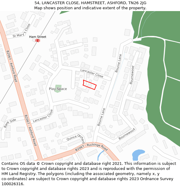 54, LANCASTER CLOSE, HAMSTREET, ASHFORD, TN26 2JG: Location map and indicative extent of plot