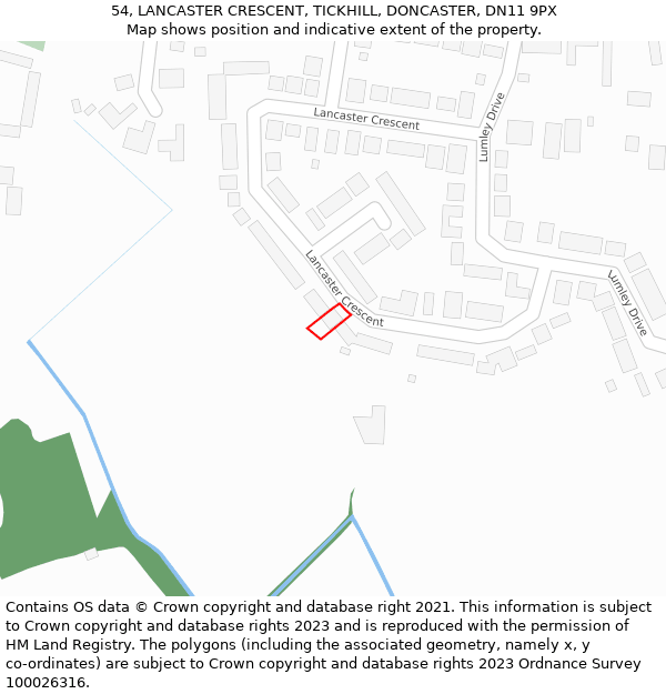 54, LANCASTER CRESCENT, TICKHILL, DONCASTER, DN11 9PX: Location map and indicative extent of plot