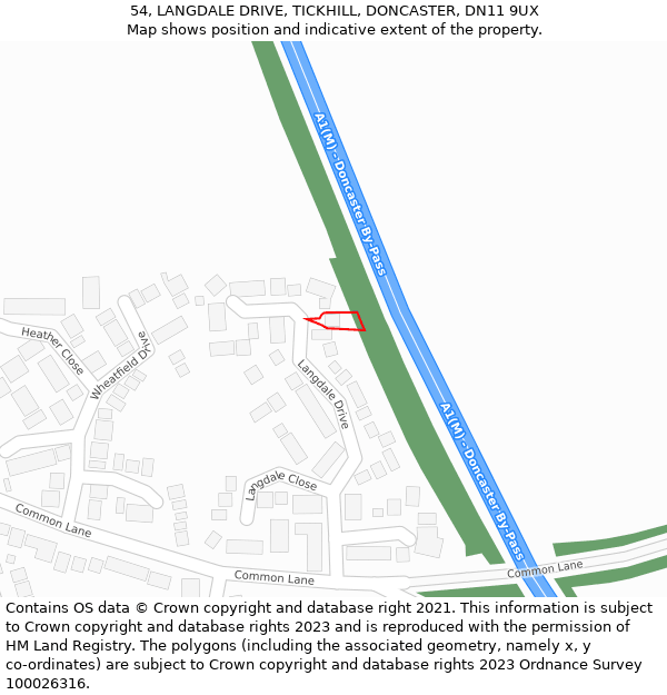 54, LANGDALE DRIVE, TICKHILL, DONCASTER, DN11 9UX: Location map and indicative extent of plot