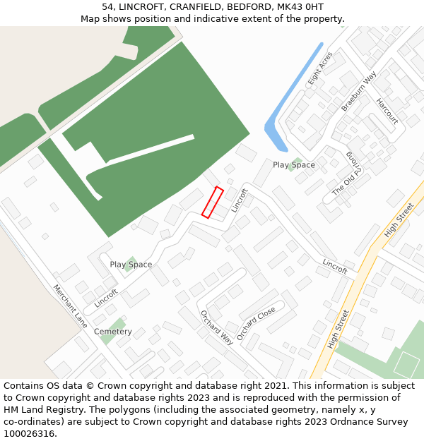 54, LINCROFT, CRANFIELD, BEDFORD, MK43 0HT: Location map and indicative extent of plot