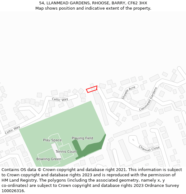 54, LLANMEAD GARDENS, RHOOSE, BARRY, CF62 3HX: Location map and indicative extent of plot