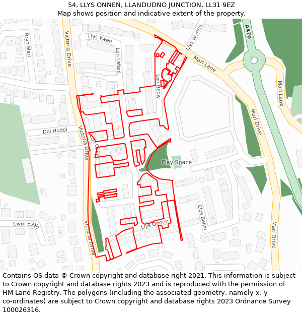 54, LLYS ONNEN, LLANDUDNO JUNCTION, LL31 9EZ: Location map and indicative extent of plot