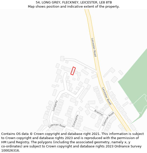 54, LONG GREY, FLECKNEY, LEICESTER, LE8 8TB: Location map and indicative extent of plot