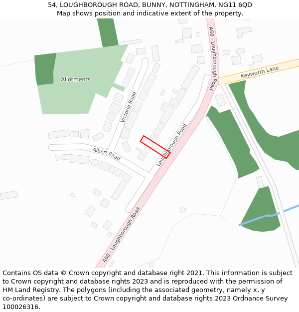 54, LOUGHBOROUGH ROAD, BUNNY, NOTTINGHAM, NG11 6QD: Location map and indicative extent of plot