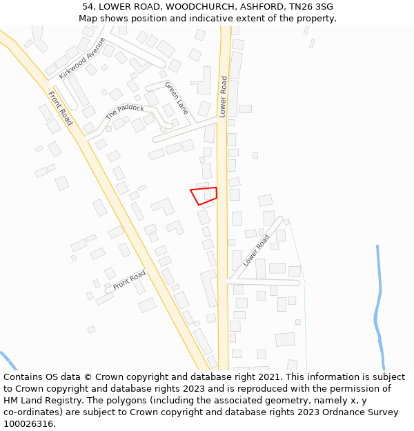 54, LOWER ROAD, WOODCHURCH, ASHFORD, TN26 3SG: Location map and indicative extent of plot