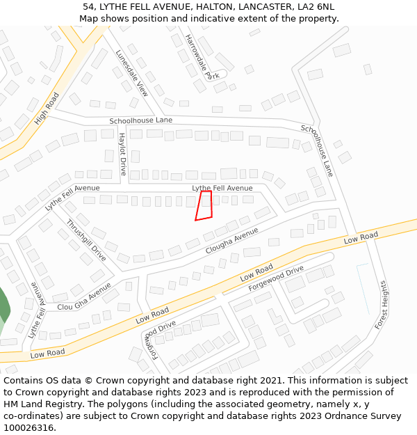 54, LYTHE FELL AVENUE, HALTON, LANCASTER, LA2 6NL: Location map and indicative extent of plot