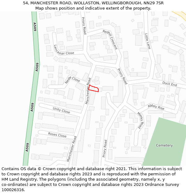 54, MANCHESTER ROAD, WOLLASTON, WELLINGBOROUGH, NN29 7SR: Location map and indicative extent of plot