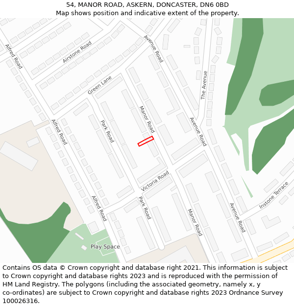 54, MANOR ROAD, ASKERN, DONCASTER, DN6 0BD: Location map and indicative extent of plot