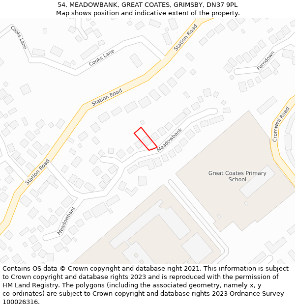 54, MEADOWBANK, GREAT COATES, GRIMSBY, DN37 9PL: Location map and indicative extent of plot