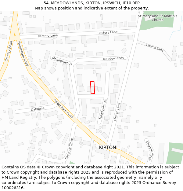 54, MEADOWLANDS, KIRTON, IPSWICH, IP10 0PP: Location map and indicative extent of plot