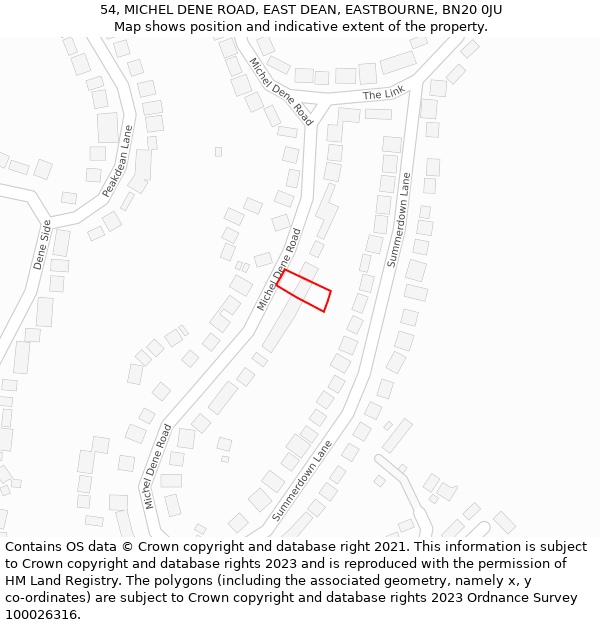 54, MICHEL DENE ROAD, EAST DEAN, EASTBOURNE, BN20 0JU: Location map and indicative extent of plot