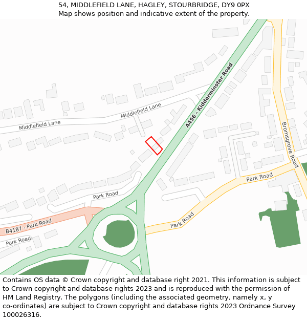 54, MIDDLEFIELD LANE, HAGLEY, STOURBRIDGE, DY9 0PX: Location map and indicative extent of plot