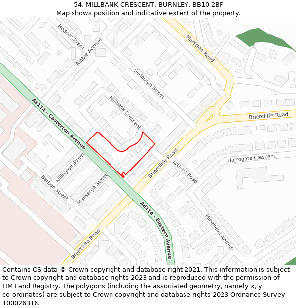 54, MILLBANK CRESCENT, BURNLEY, BB10 2BF: Location map and indicative extent of plot