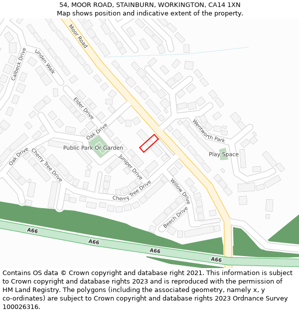 54, MOOR ROAD, STAINBURN, WORKINGTON, CA14 1XN: Location map and indicative extent of plot