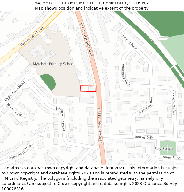 54, MYTCHETT ROAD, MYTCHETT, CAMBERLEY, GU16 6EZ: Location map and indicative extent of plot