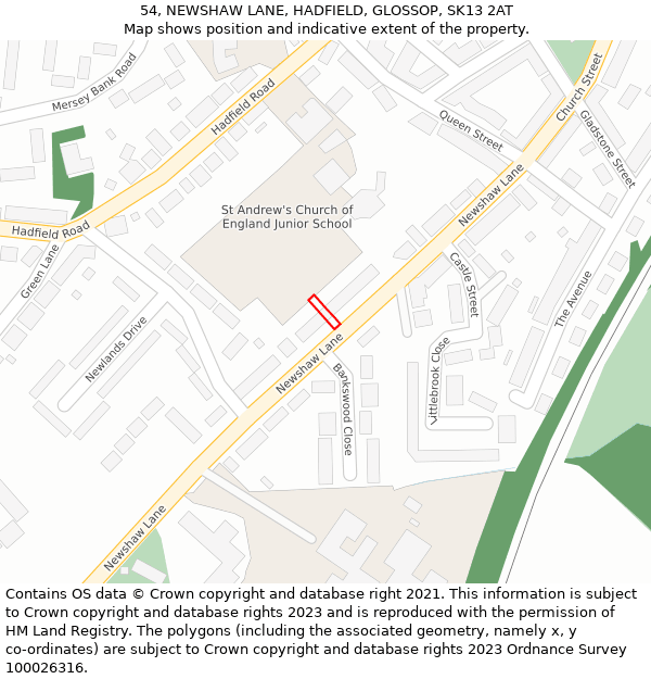 54, NEWSHAW LANE, HADFIELD, GLOSSOP, SK13 2AT: Location map and indicative extent of plot