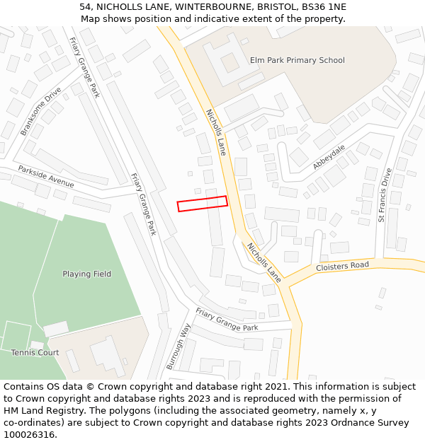 54, NICHOLLS LANE, WINTERBOURNE, BRISTOL, BS36 1NE: Location map and indicative extent of plot