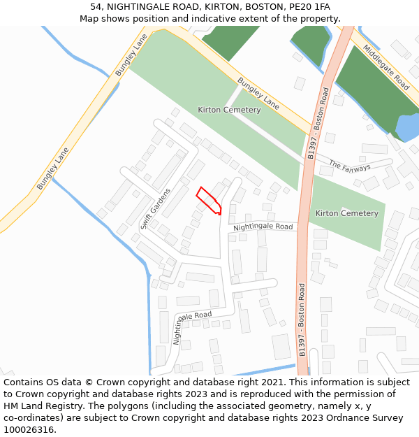 54, NIGHTINGALE ROAD, KIRTON, BOSTON, PE20 1FA: Location map and indicative extent of plot