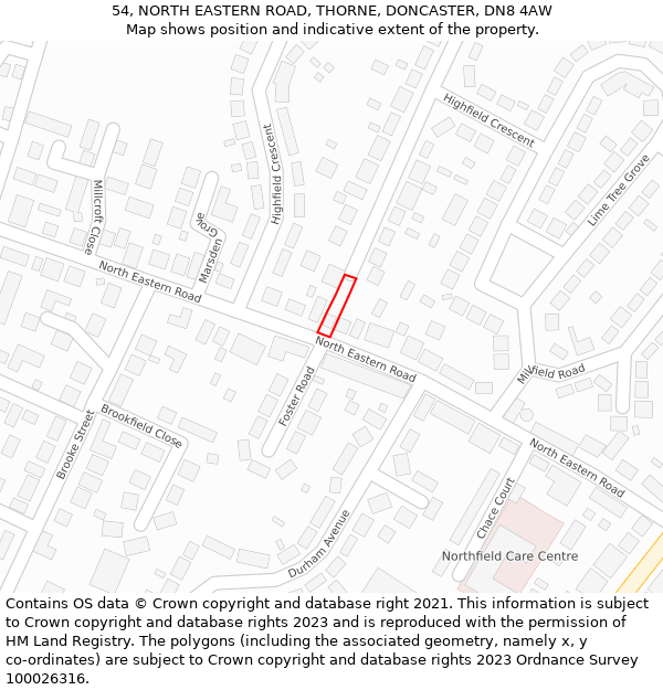 54, NORTH EASTERN ROAD, THORNE, DONCASTER, DN8 4AW: Location map and indicative extent of plot