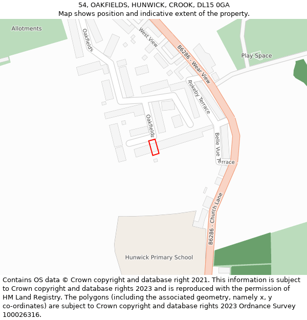 54, OAKFIELDS, HUNWICK, CROOK, DL15 0GA: Location map and indicative extent of plot