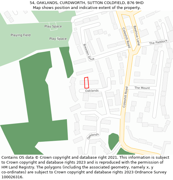 54, OAKLANDS, CURDWORTH, SUTTON COLDFIELD, B76 9HD: Location map and indicative extent of plot