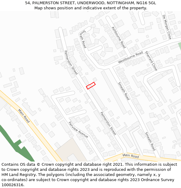 54, PALMERSTON STREET, UNDERWOOD, NOTTINGHAM, NG16 5GL: Location map and indicative extent of plot