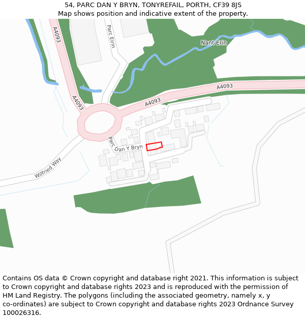 54, PARC DAN Y BRYN, TONYREFAIL, PORTH, CF39 8JS: Location map and indicative extent of plot