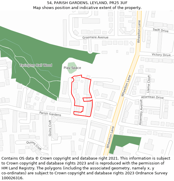 54, PARISH GARDENS, LEYLAND, PR25 3UF: Location map and indicative extent of plot