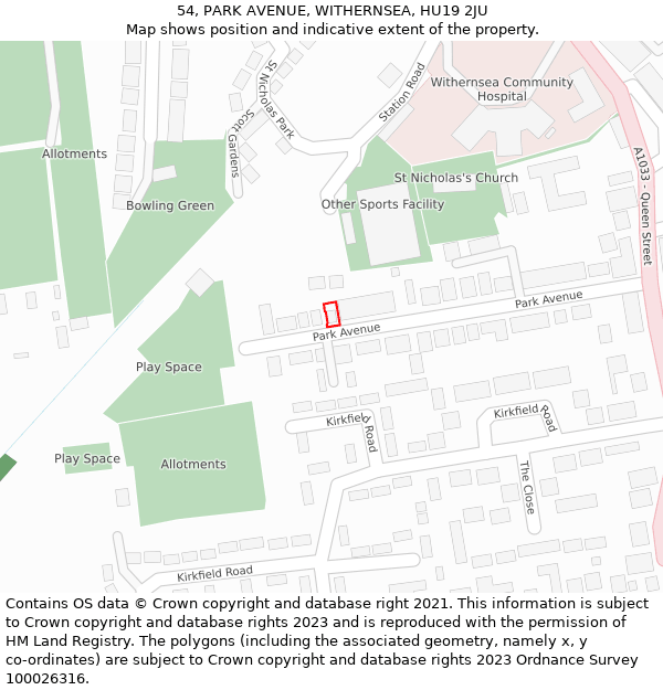 54, PARK AVENUE, WITHERNSEA, HU19 2JU: Location map and indicative extent of plot