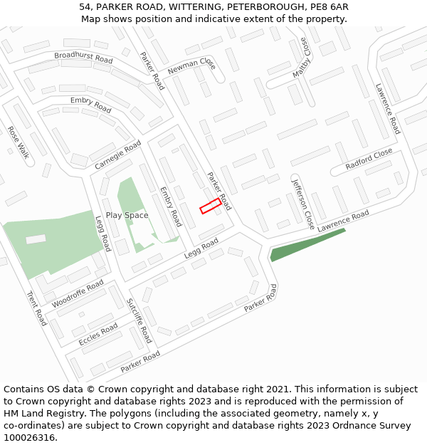 54, PARKER ROAD, WITTERING, PETERBOROUGH, PE8 6AR: Location map and indicative extent of plot