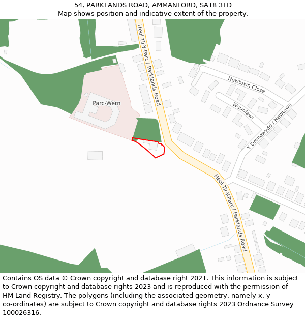 54, PARKLANDS ROAD, AMMANFORD, SA18 3TD: Location map and indicative extent of plot