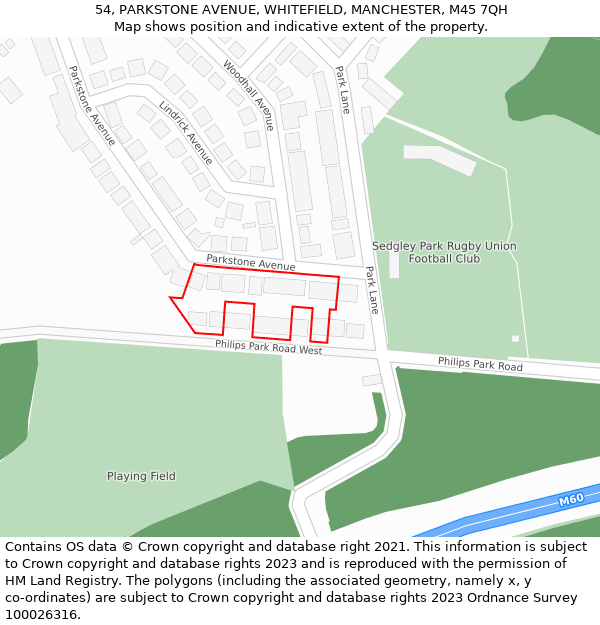 54, PARKSTONE AVENUE, WHITEFIELD, MANCHESTER, M45 7QH: Location map and indicative extent of plot