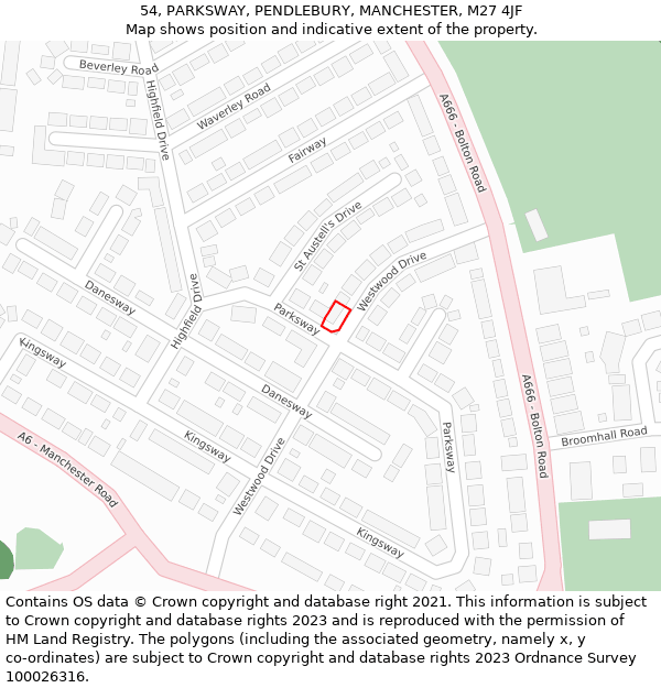 54, PARKSWAY, PENDLEBURY, MANCHESTER, M27 4JF: Location map and indicative extent of plot