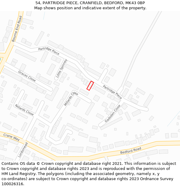 54, PARTRIDGE PIECE, CRANFIELD, BEDFORD, MK43 0BP: Location map and indicative extent of plot