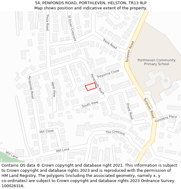 54, PENPONDS ROAD, PORTHLEVEN, HELSTON, TR13 9LP: Location map and indicative extent of plot