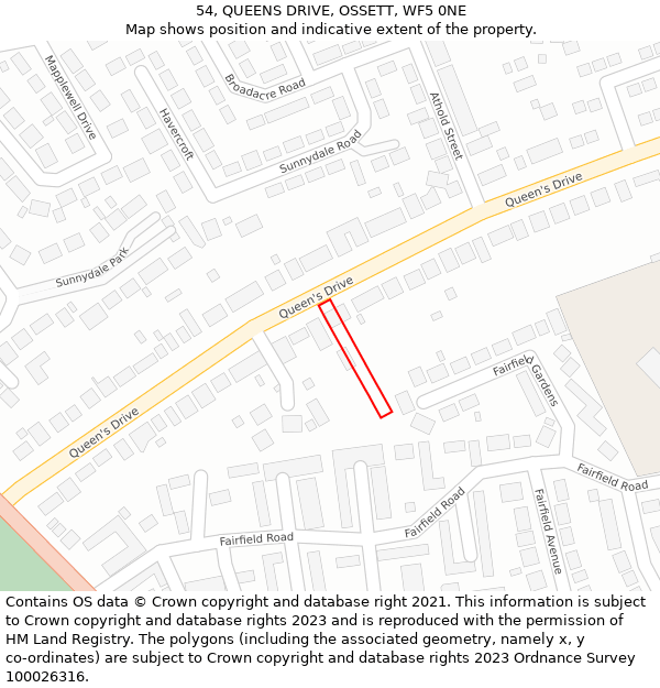 54, QUEENS DRIVE, OSSETT, WF5 0NE: Location map and indicative extent of plot