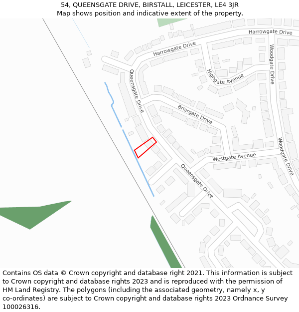54, QUEENSGATE DRIVE, BIRSTALL, LEICESTER, LE4 3JR: Location map and indicative extent of plot