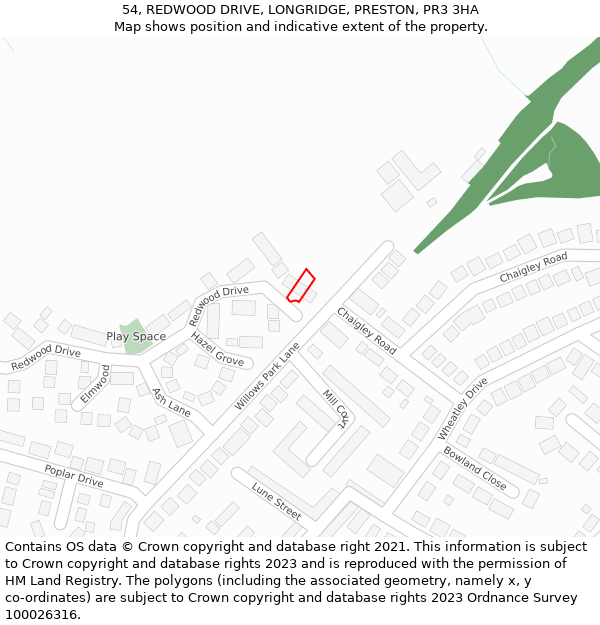 54, REDWOOD DRIVE, LONGRIDGE, PRESTON, PR3 3HA: Location map and indicative extent of plot
