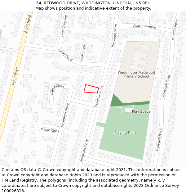 54, REDWOOD DRIVE, WADDINGTON, LINCOLN, LN5 9BL: Location map and indicative extent of plot