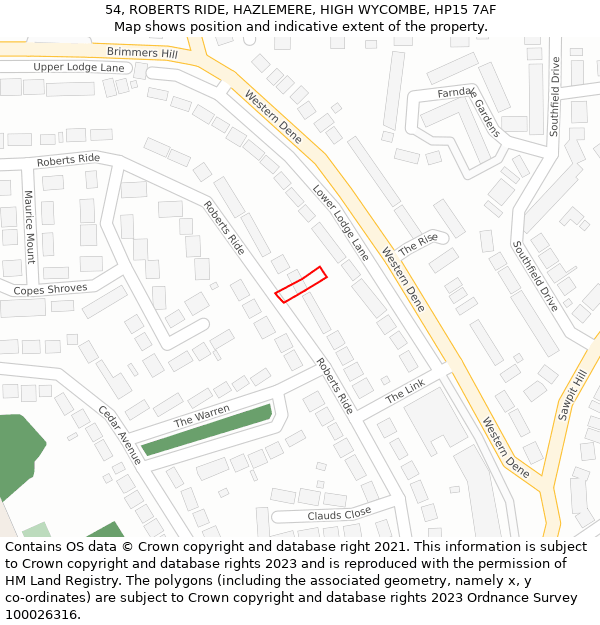 54, ROBERTS RIDE, HAZLEMERE, HIGH WYCOMBE, HP15 7AF: Location map and indicative extent of plot