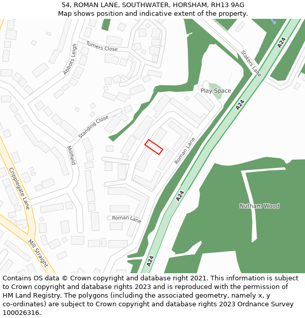 54, ROMAN LANE, SOUTHWATER, HORSHAM, RH13 9AG: Location map and indicative extent of plot